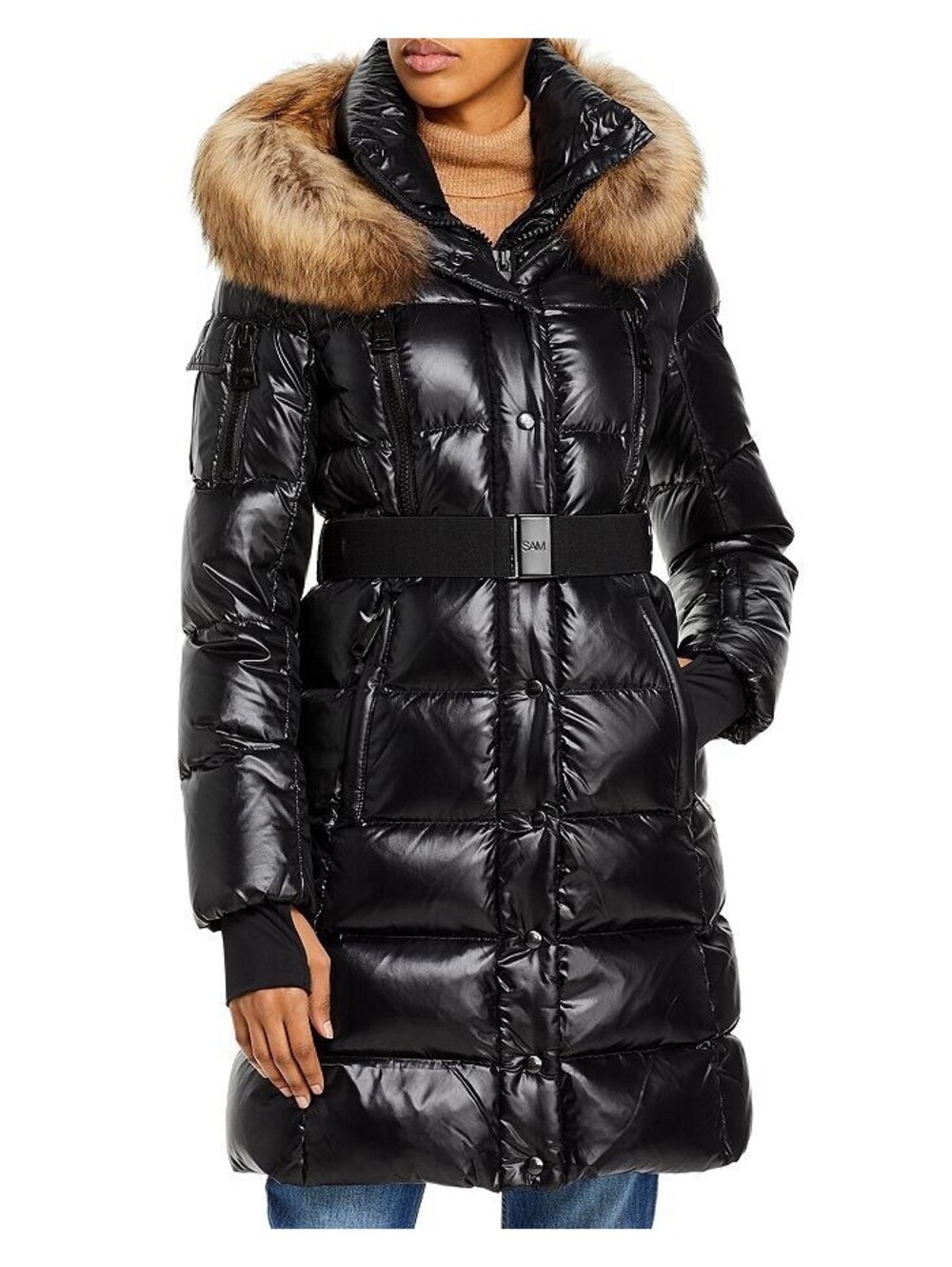SAM. Infinity Coyote Fur Trim Black Gloss Long Puffer Down Coat Size Medium